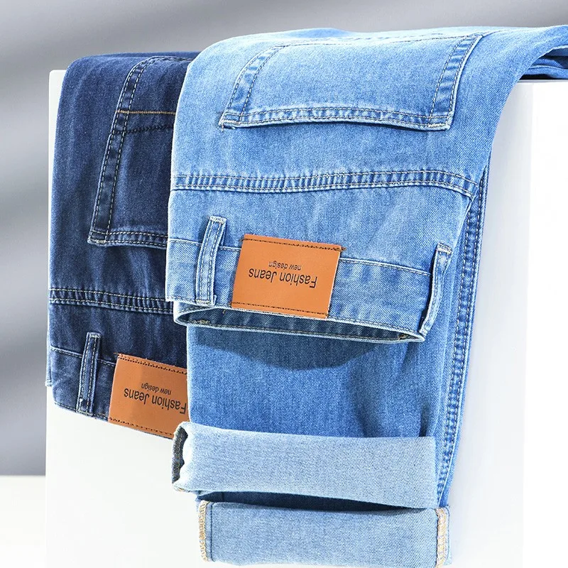 2022 Men's Blue Pure Cotton 100% Straight Leg Jeans Business Casual Stretch Denim Pants Male Brand Plus Size 40 42