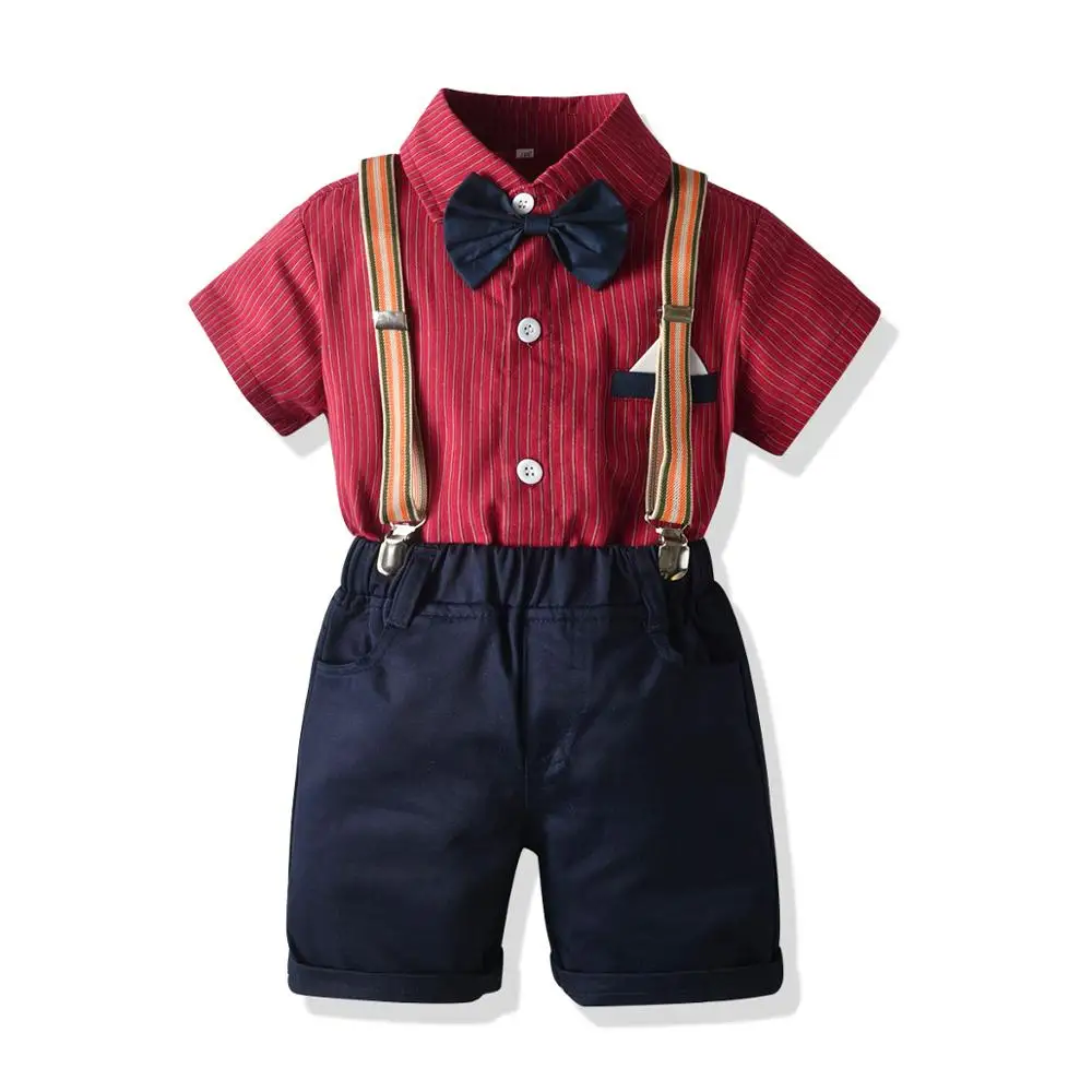 

Kid Boy Birthday Party Clothes Set Formal Suit Bow Tie Summer Kids Red Striped Shirt Shorts Children Graduation Gown Outfit Gift