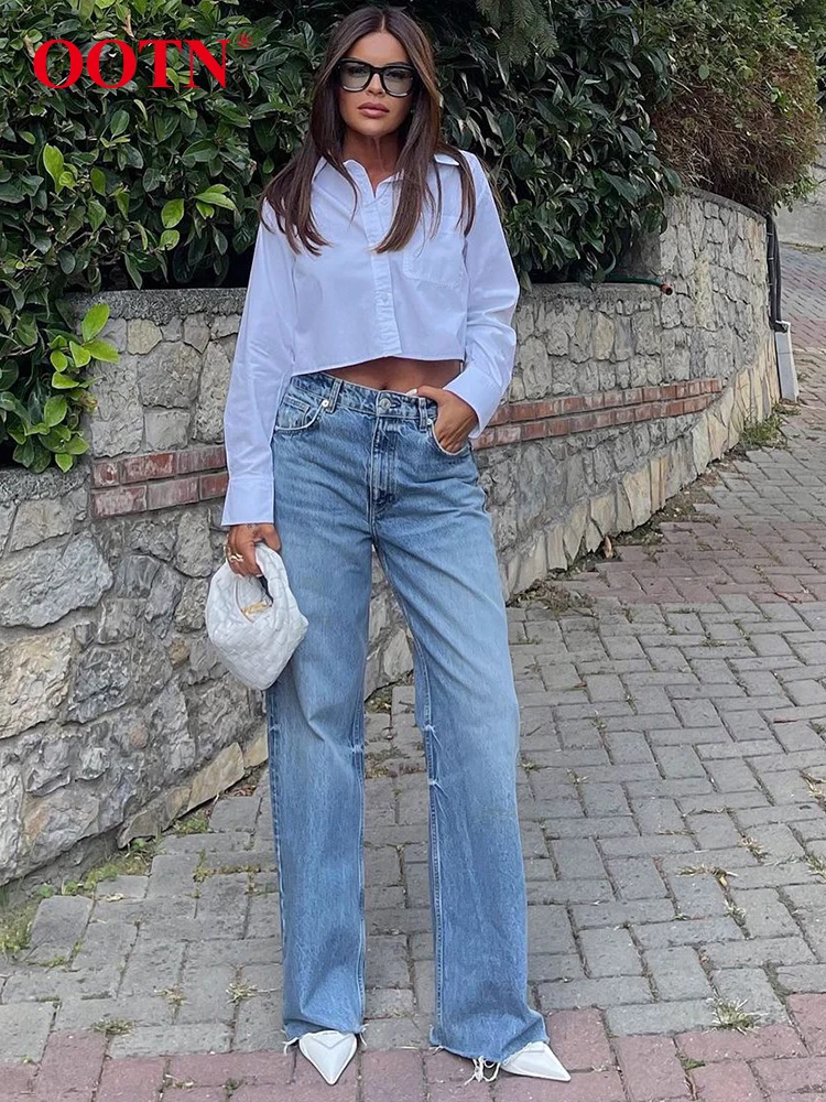 

OOTN Street Chic Denim Blue Long Straight Pants Elegant Autumn Cotton Button Trousers Female Vintage Pants Women 2023 Pockets