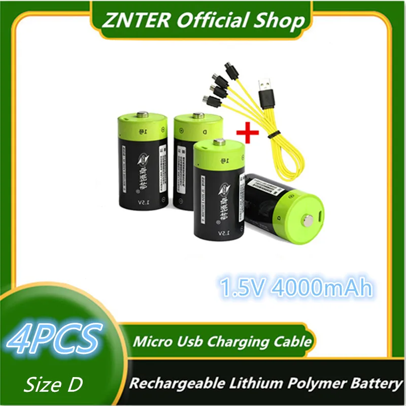 ZNTER 4 шт. 1 5 в 4000 мАч перезаряжаемая батарея с микро USB Батарея D Lipo LR20