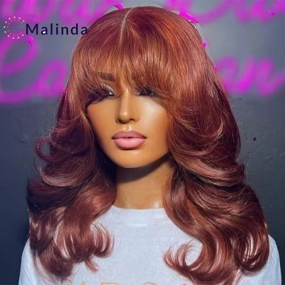 

Reddish Brown Colored Human Hair Wigs With Bangs 3x1 HD Body Wave Lace Frontal Human Hair Wigs Glueless Ready To Wear For Women