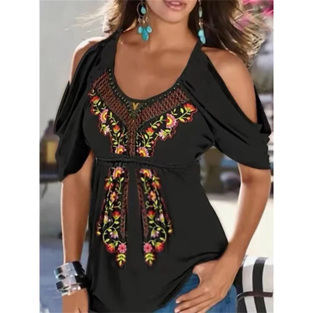 

Summer Fashion Tops Women Casual Vintage Print Off Shoulder Loose Short-Sleeve T-Shirt Cross O Neck Large Size Oversize T Shirt