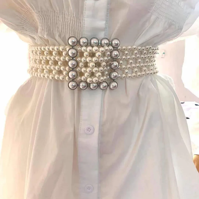 High Quality Korean Pearl Women's Belt Elastic Beaded Waist Chain Women's Fashion Simple Hand Beaded Weaving Waist Belt