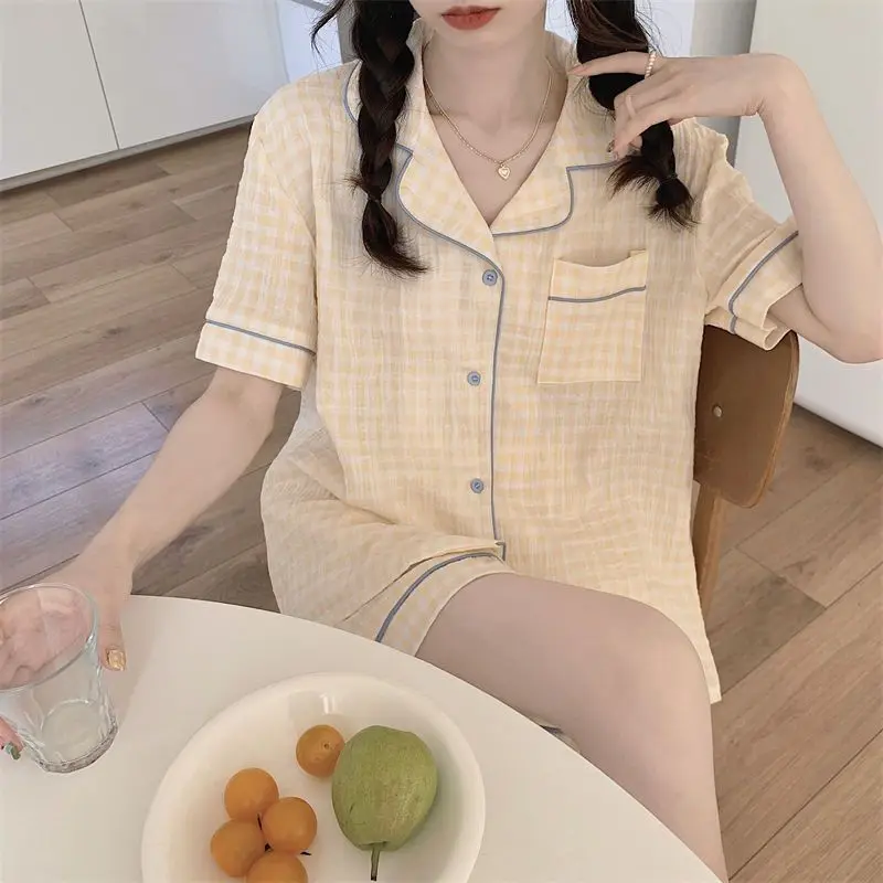 Plaid Pajama Sets Women 4 Colors Ruffles Stylish Simple New Casual Korean Style Ladies Puff Sleeve Lovely Sweet Sleepwear Summer