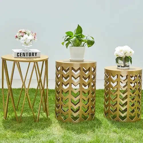 

Set of 3 Gold End Tables, Nesting Metal Round Coffee Table, Heavy Duty Metal Plant Stand Garden Stool, Outdoor Multifunctional U