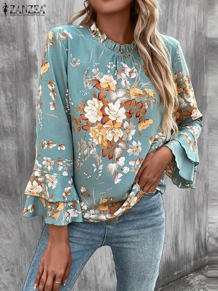 

Модная женская блузка с оборками, весенний офисный Дамский топ с принтом, богемная Праздничная уличная одежда большого размера ZANZEA, блузки для свиданий