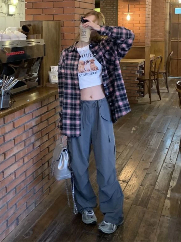 Американские клетчатые рубашки женские в стиле ретро High Street свободного кроя Y2k