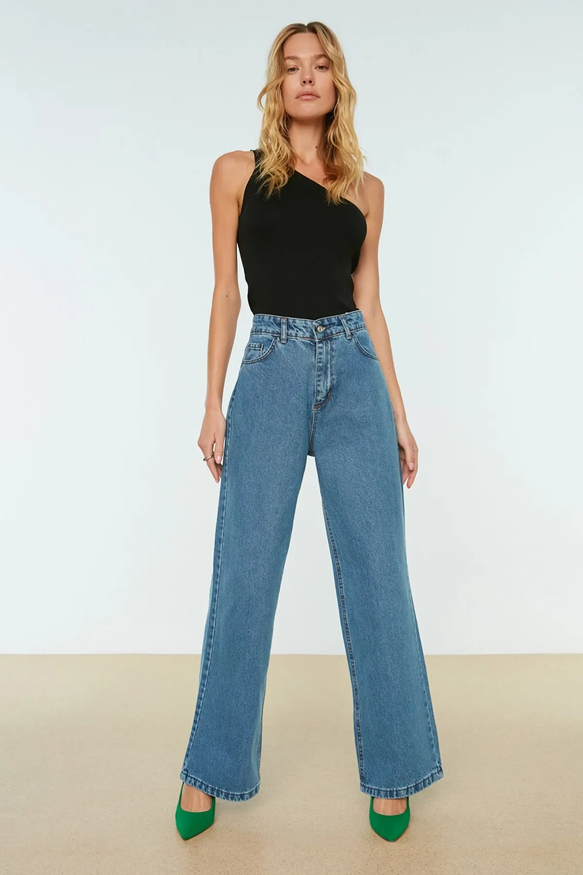

Women's Jean Blue High Waist Wide Leg Full Length Straight Pant Streetwear Female Buttons Zipper Ladies