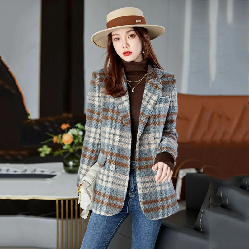 Plaid Woolen Suit Women Coat Autumn Winter 2023 New Korean Medium Long Sleeve Blazers Woman Jacket Casual Ladies Blazer Tops E20