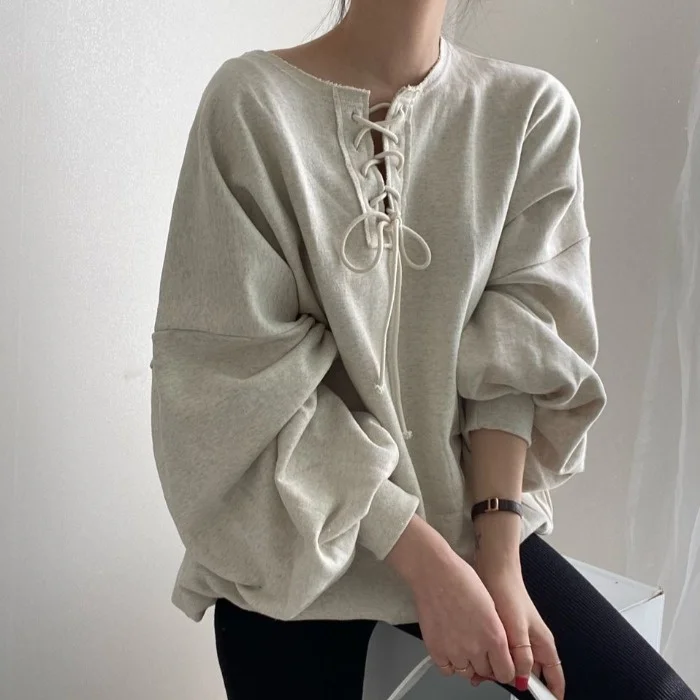 

Women's Sweater Korean Chic French Design Bandage Round Neck Lantern Sleeve Sweater Women's Loose Top Fashion Forest