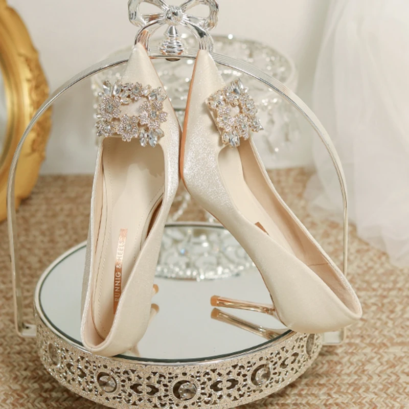 Women's Crystal Square Buckle High Heels Pumps 2023 Elegant Silk Thin Heeled Wedding Shoes Woman Slip On Pointed Toe Dress Shoes