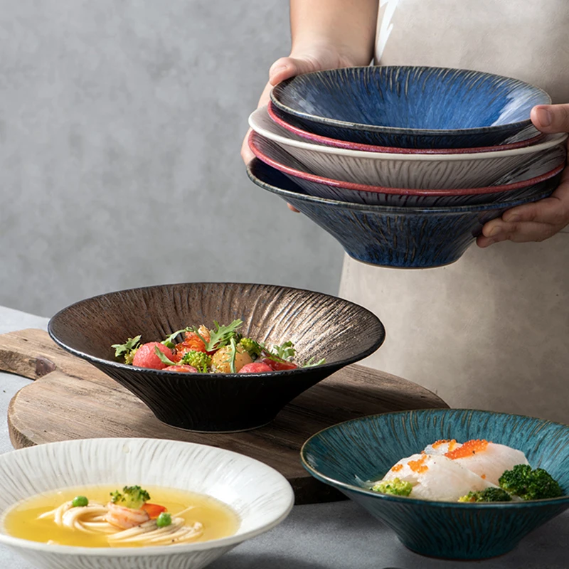 

1PC Japanese Style Ceramic Hat Design Large Western Food Salad Rice Noodle Ramen Soup Vegetable Dinner Bowl Tableware Set