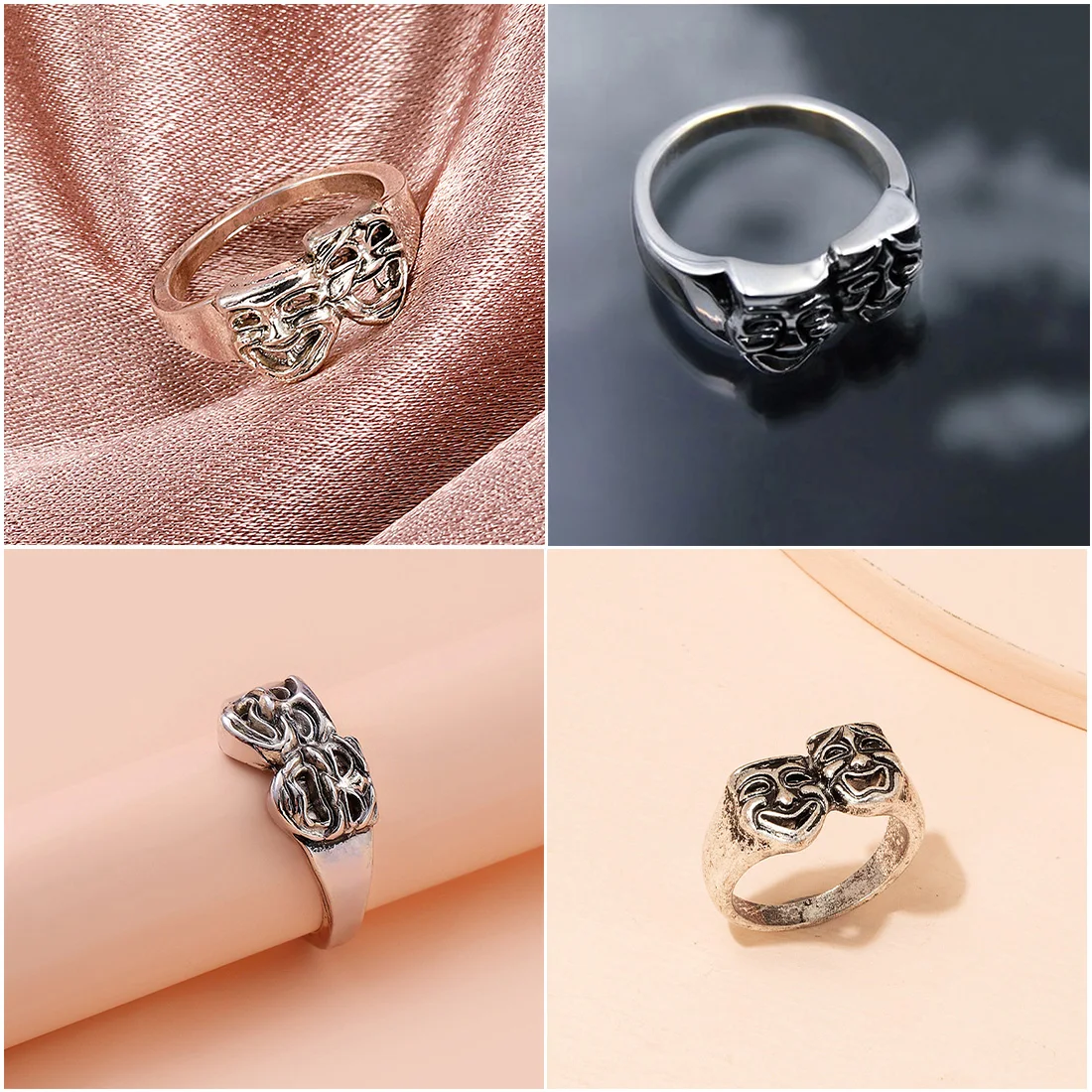 

New Style Unique Design Asymmetrical 6/7/8 Alloy Rings Smile Crying Mask Rings for Men Women Personality Gothic Hip Hop Jewelry