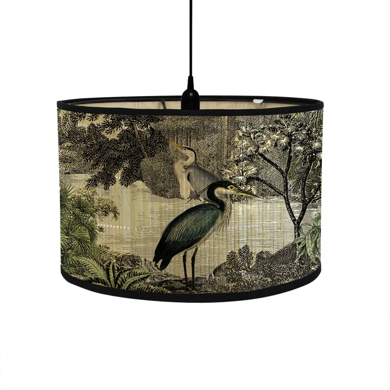 

Retro Style Birds Printing Lampshade Light Cover Chandelier Wall Lamp Shade Bamboo Art Chandelier Japanese Style