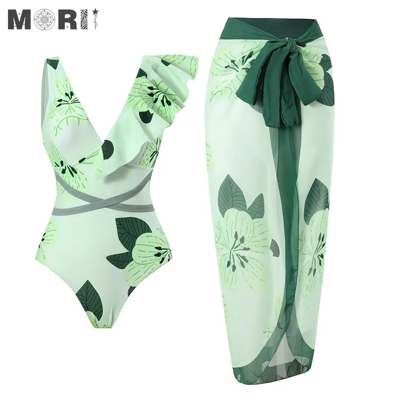 

MORII Retro Blue Floral Swimwear One-Piece Bikini Set Kimono 2023 Women's Cover-Up Bathing Swimsuit Summer Beachwear