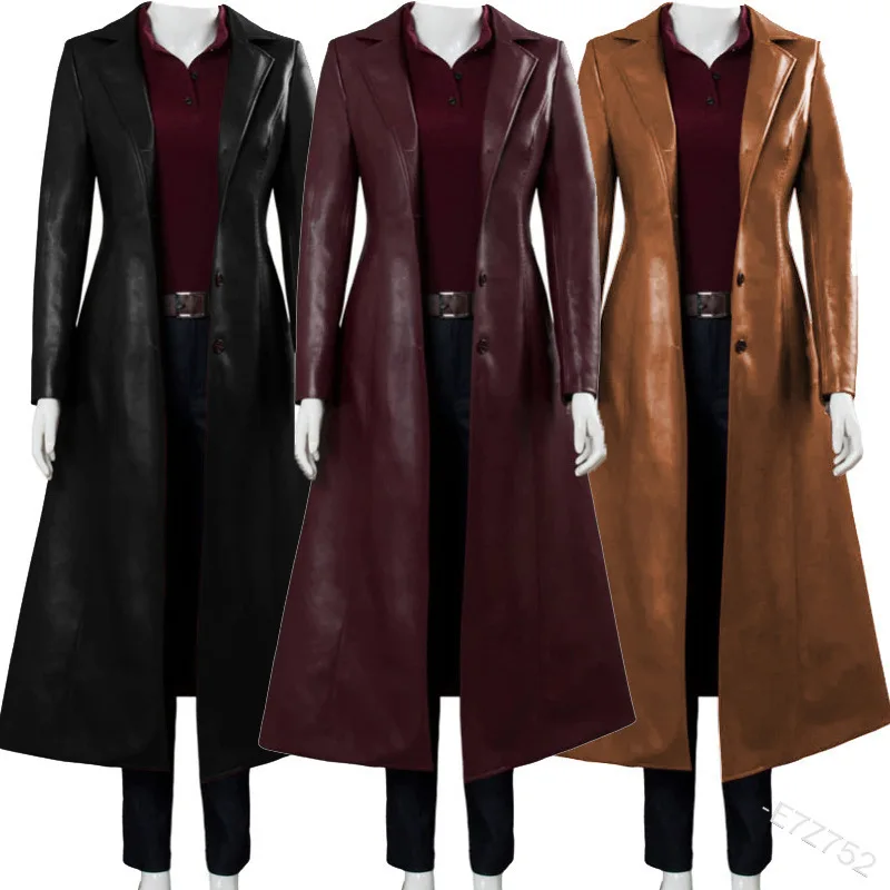 

Jacket Long Women's Clothing Streetwear Solid Color Steampunk Gothic Lapel Biker Jacket S-5XL Woman Faux Leather Trench Coat