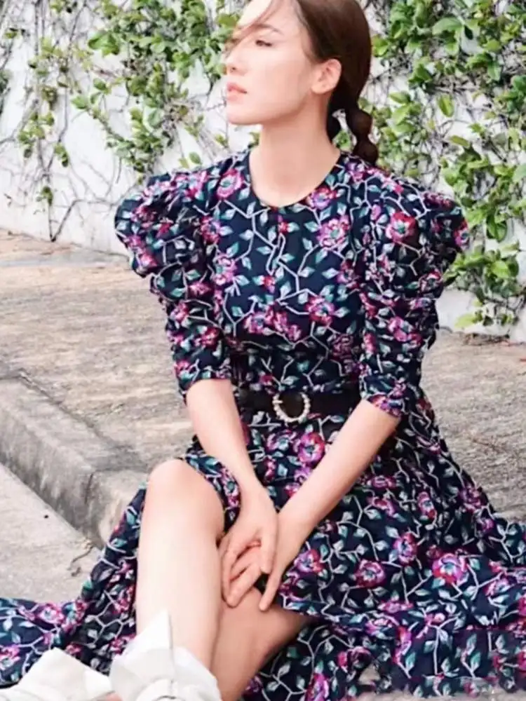 

2022 Spring and Summer New Mid-sleeve Open Back Slim Floral Print Women Dress Maxi Skirt