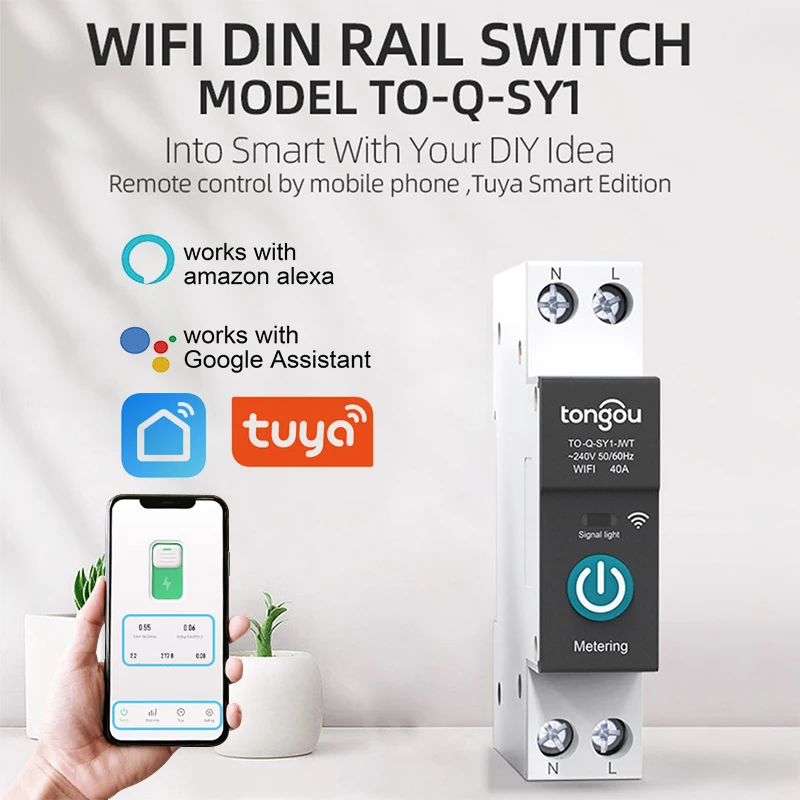 

Tuya WIFI Smart Circuit Breaker 1P 63A DIN Rail With Metering Smart Switch Remote Control By Smart Life APP For Smart Home
