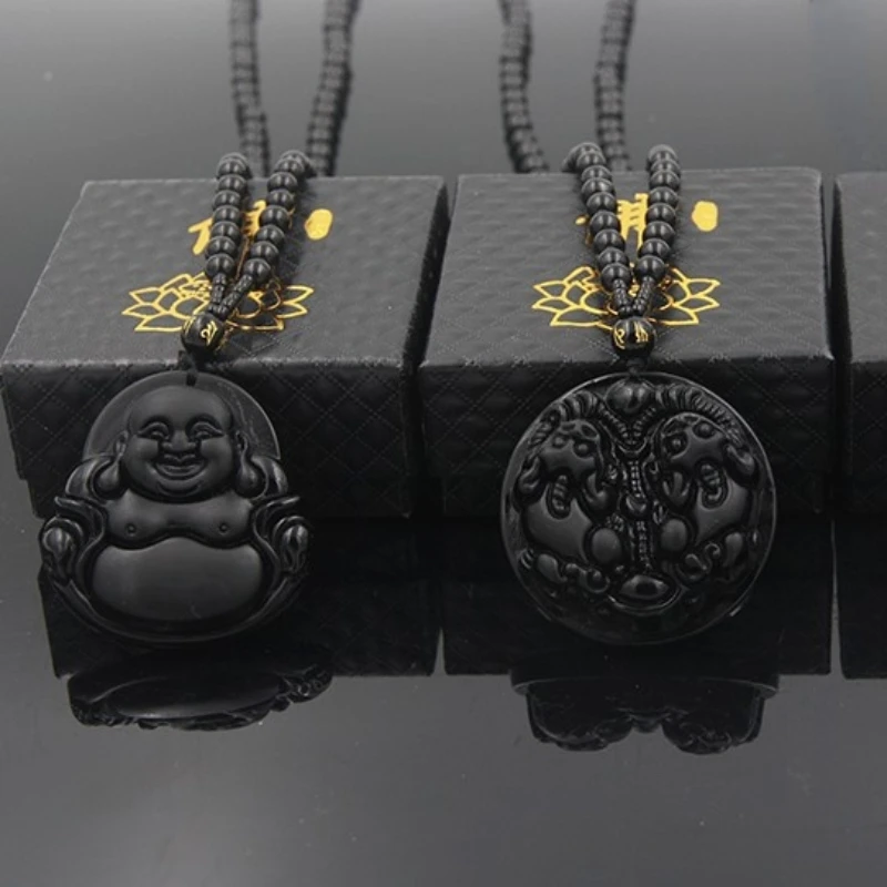 Ожерелье из натурального обсидиана голова волка восемь патронов Зодиак амулет