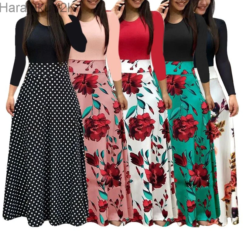 Купи 2022 Women Plus Size Bohemian Long Sleeve Maxi Dress Color Block Polka Dot Floral Patchwork Bodycon Empire Waist Vintage S-5XL за 412 рублей в магазине AliExpress