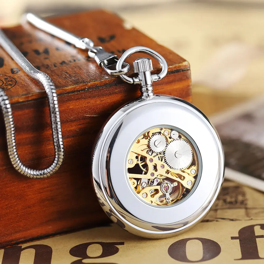 Luxury Golden Smooth Mechanical Pocket Watch Roman Numerals Hand Winding Pocket Watch Stainless Steel Fob Clock Chain Pendant