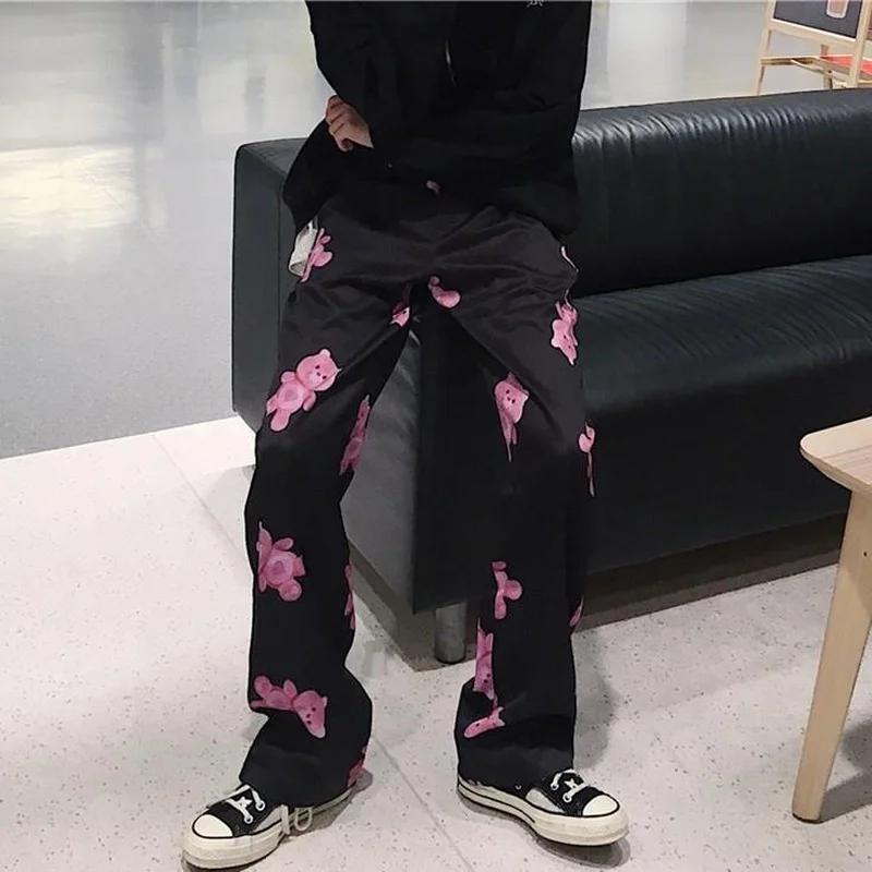 

Cartoon Pink Bear Print Casual Pants Trousers Female High Waist Black Straight Casual Pants Male Couple Wide Leg Pants Gothic