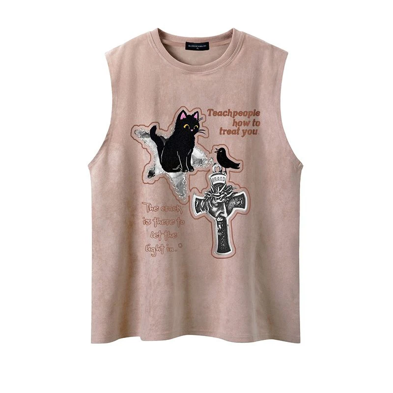 

Жилет с маленьким черным котом и маленькой вороной из замши, футболка с принтом кота, свободная повседневная футболка без рукавов, Y2K, Черная Спортивная одежда