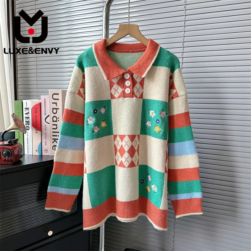 

LUXE&ENVY Polo Neck Knit Shirt Color Matching Pullover Sweater Autumn Women's Lazy Style Loose Pullover Top 2023 Winter