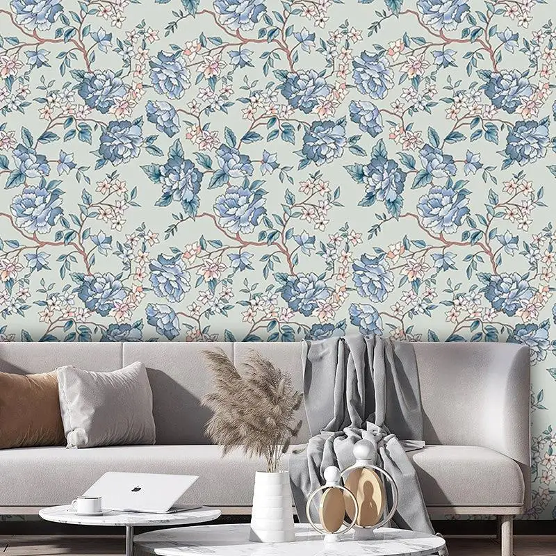 Самоклеящиеся обои в стиле ретро с синими цветами, 40x300 см Самоклеящиеся обои в стиле ретро с синими цветами, 40x300 см