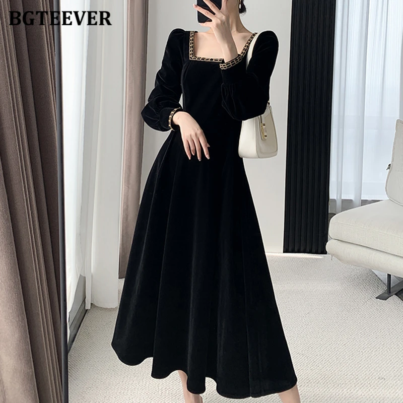 

Шикарное винтажное женское бархатное платье BGTEEVER с длинным рукавом и тонкой талией, женское платье-трапеция, осенне-зимние платья