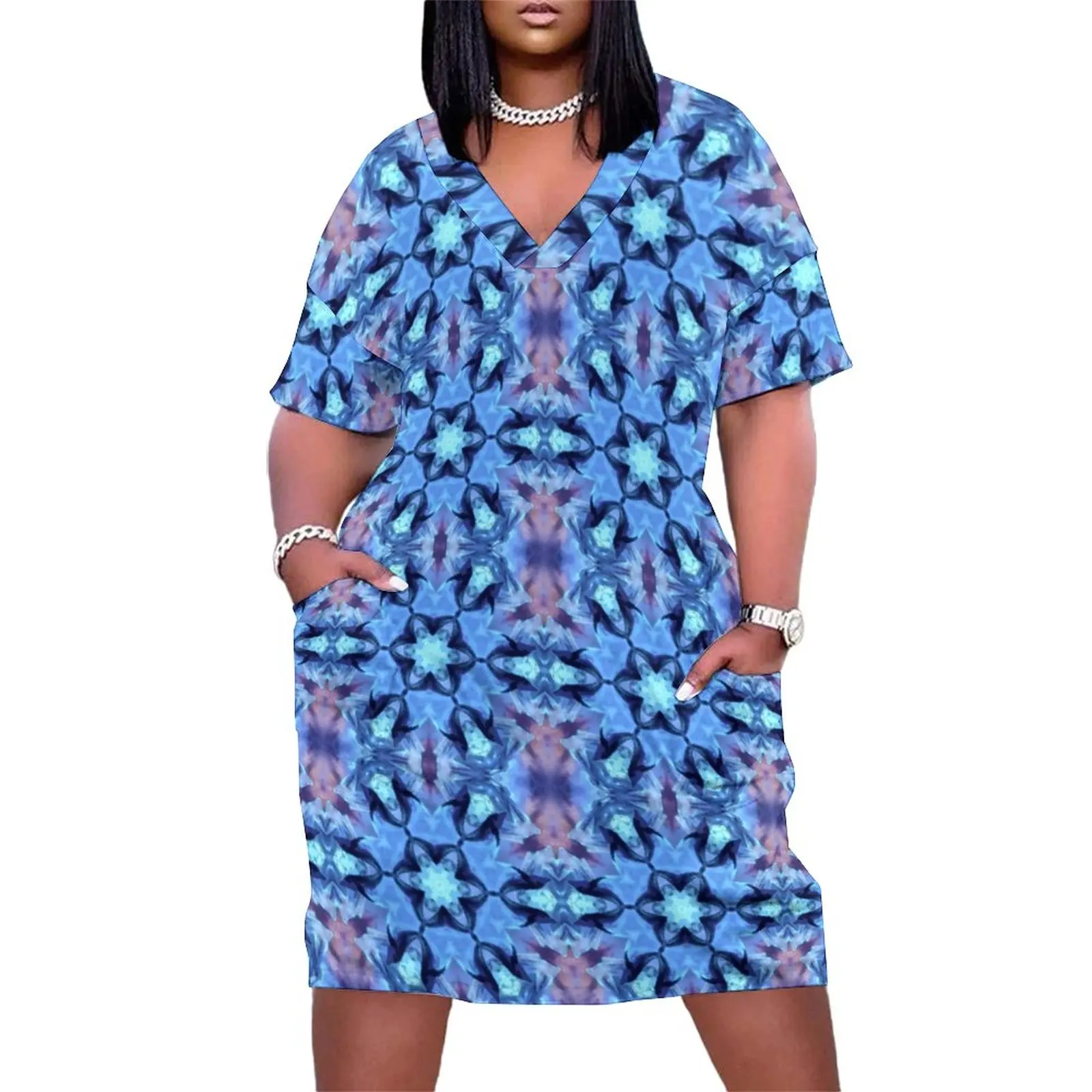 Vintage Bohemia Dress V Neck Abstract Ocean Print Kawaii Dresses Woman Streetwear Casual Dress With Pockets Plus Size 3XL 4XL