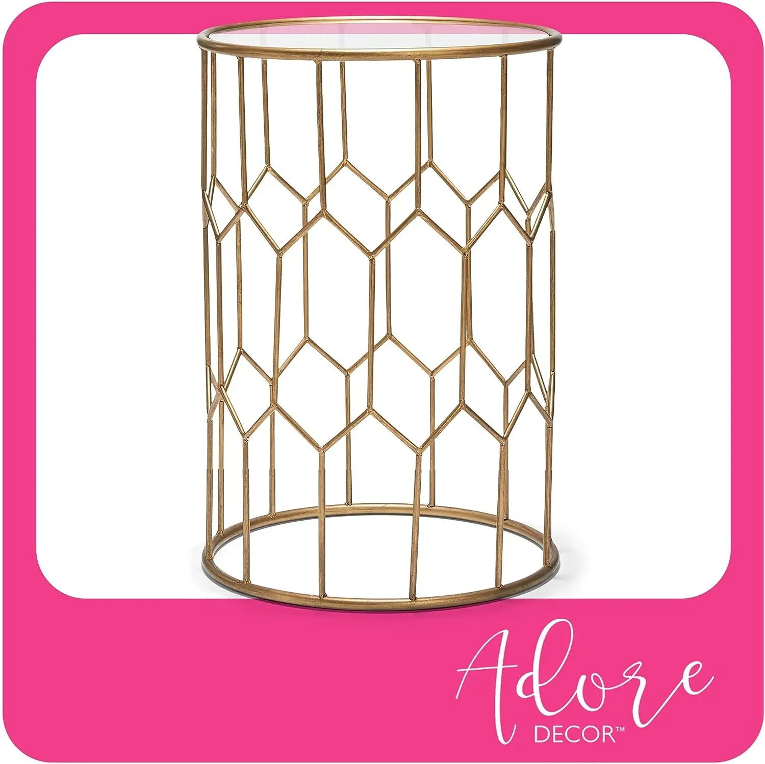 

Modern Glass and Metal Side Table, Gold Geometric Decorative Drum Small Accent for Living Room, 15.75" Wide Tabletop