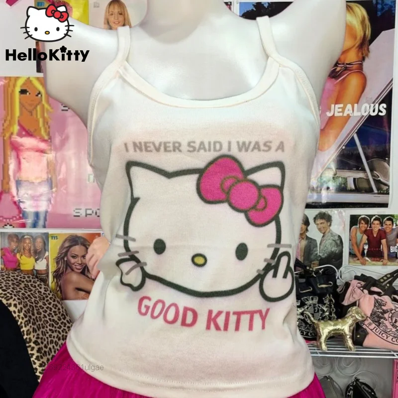 Sanrio Hello Kitty Y2k Clothes Tank Tops Women Sexy Cartoon Crop Top Kawaii White Suspenders Female New Fashion T-shirt Vest