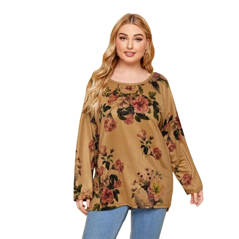 

Women Plus Size Long Sleeve O-Neck T Shirts Vintage Floral Print Loose Tunic Top