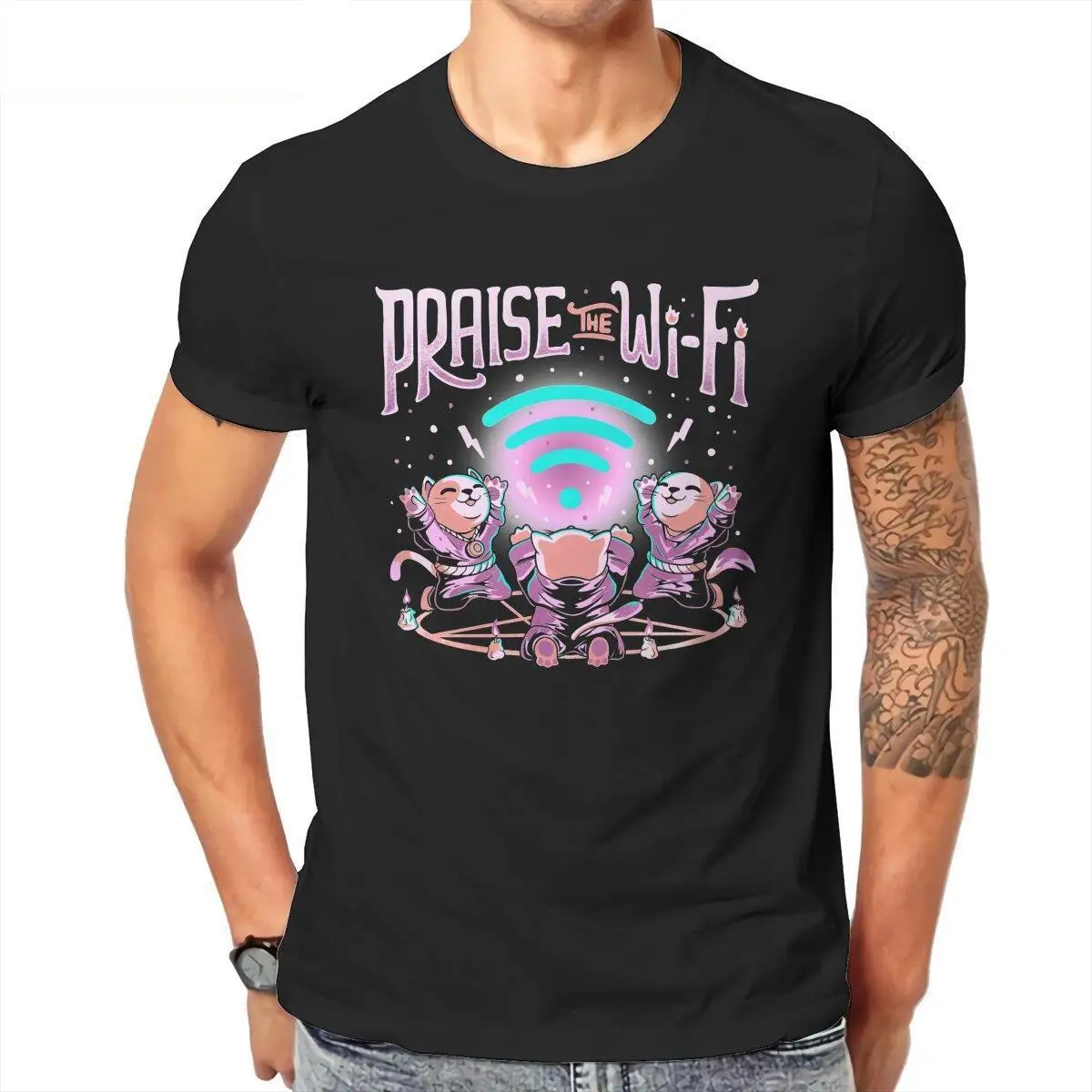 

Praise the Wifi Funny Evil Worship Cats T Shirt Men Pure Cotton Novelty T-Shirts Crew Neck Tee Shirt Short Sleeve Tops Gift