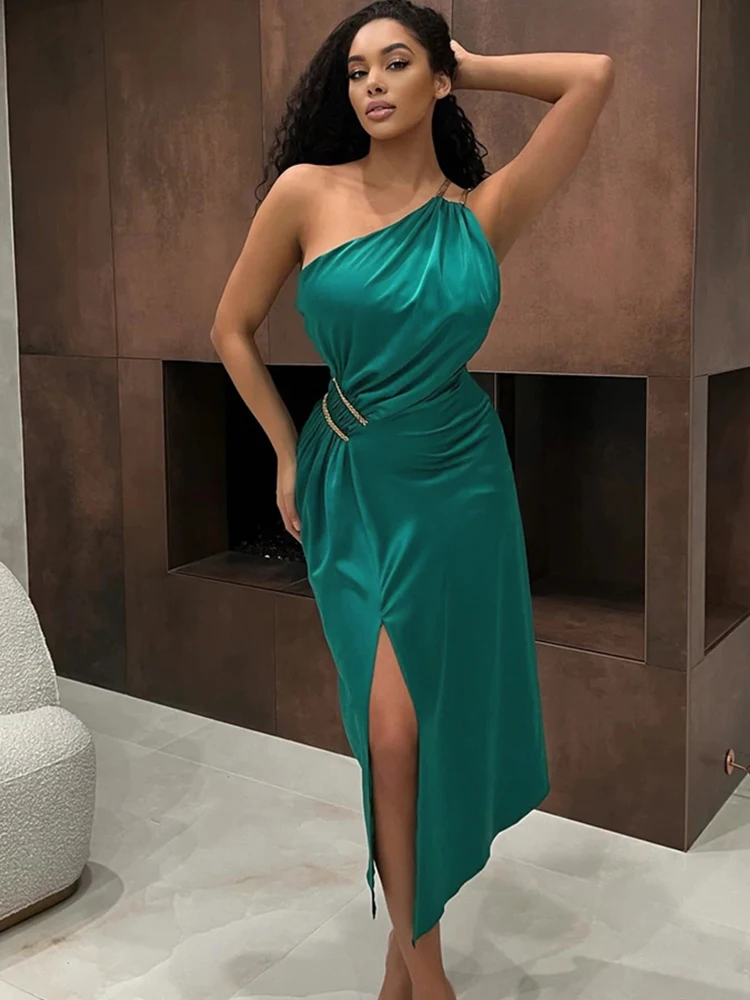 

Stain Party Dress 2023 Women Green Christmas Dress Bodycon Elegant Sexy One Shoulder Midi Evening Birthday Club Outfits Summer