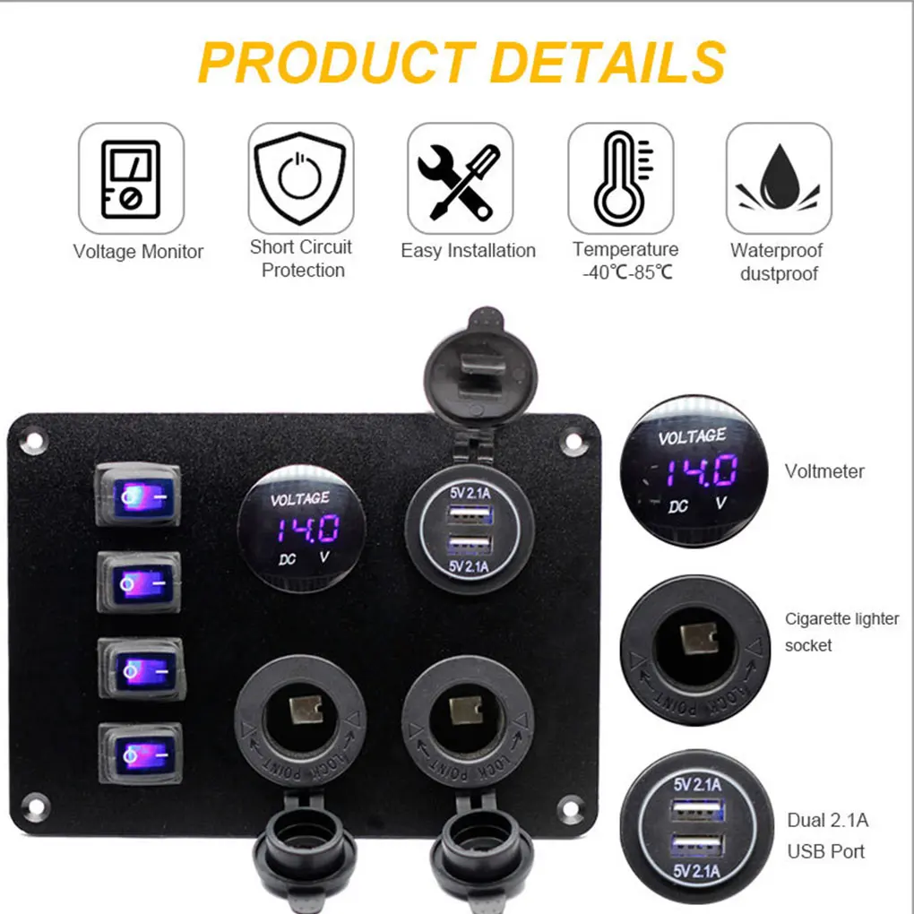 

Car Board Center Control Multifunctional 4-gang Toggle Switch Panel RVs Vehicle Rocker Switches USB Voltmeter Automotive