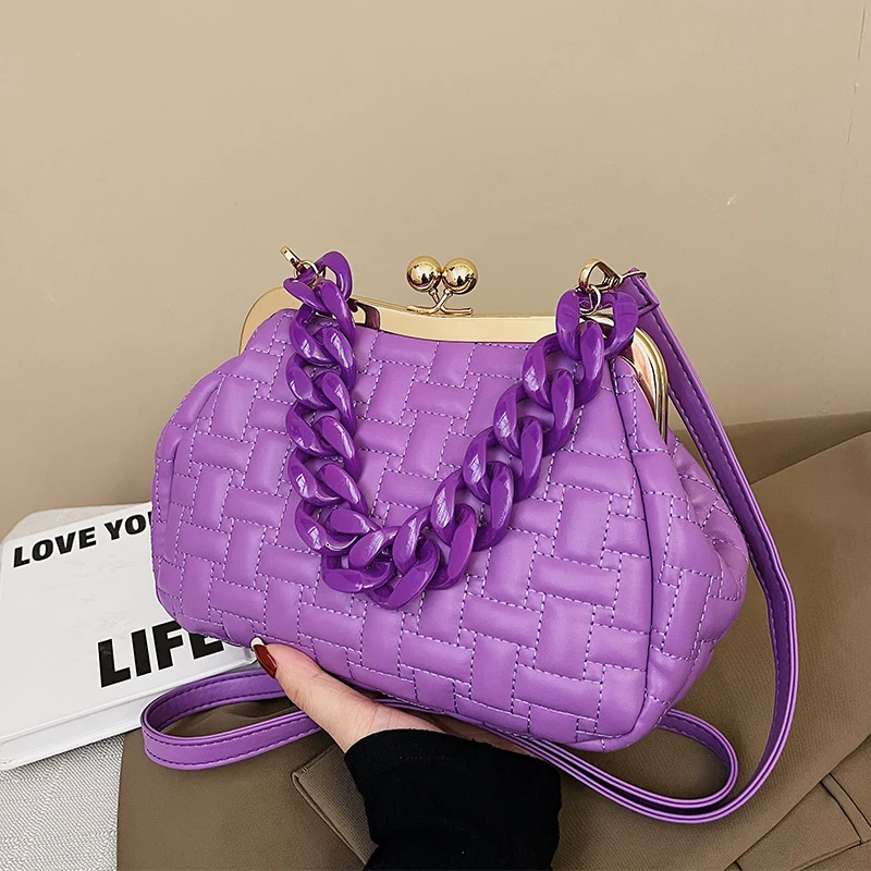 

Purple Design Handbag Women Quilted Shoulder Bag Clip Small Crossbody Bags For Women 2022 Metal Chain Clutches Cloud Purse