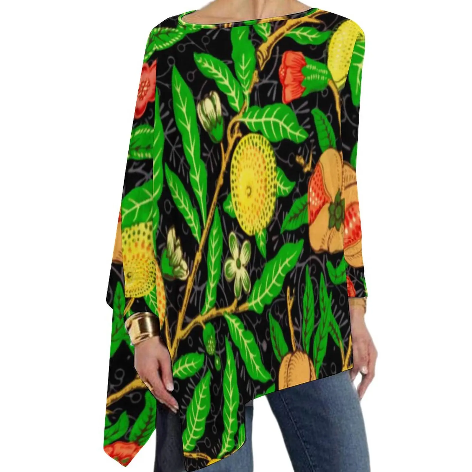 

Футболка женская с принтом тропических фруктов и зеленых листьев, большого размера