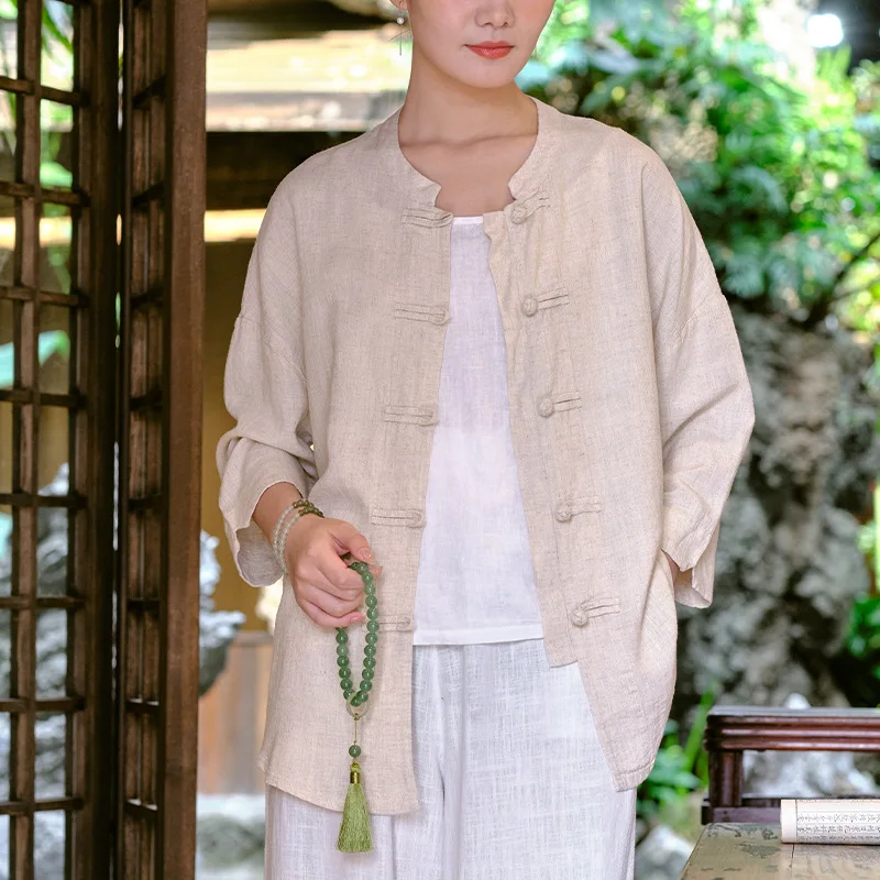 National Style Retro Plate Button Cardigan Long Sleeve Autumn Irregular Shirts Women Stand Collar Retro Blouse Cotton Linen Tops