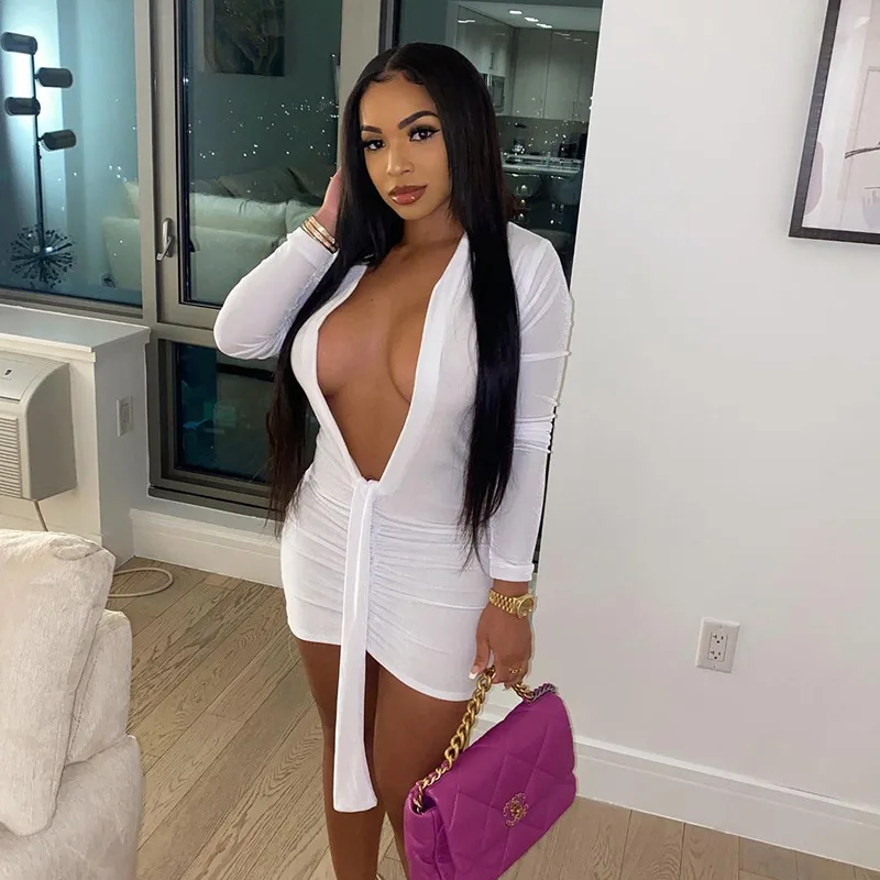 

hirigin White Deep V-neck Long Sleeve Sexy Mini Dress Women Ruched Bandage Bodycon Dresses Female Solid Slim Hot Night Clubwear