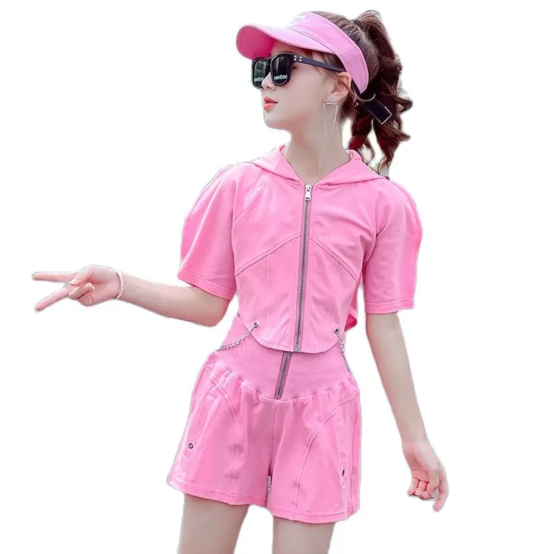 

Kids Fashion Suit Girls Zip Hoodie Top Short Sleeve High Waist Shorts 2 Piece Casual Summer Dress Teenage Baby Clothes