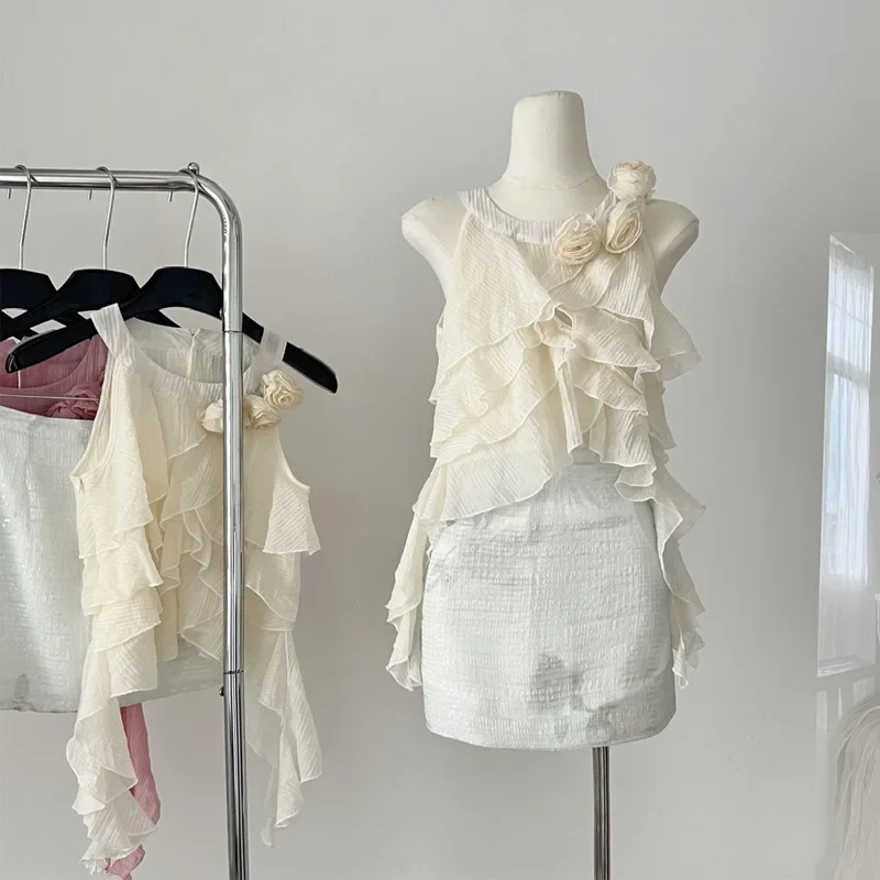 Jinqian Sensibility топ на бретелях с круглым вырезом и рюшами женская нишевая верхняя