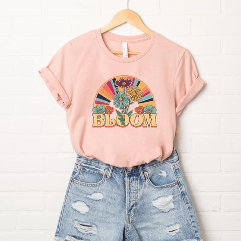 

Women's Bloom Floral Print Graphic Tee 80s 90s Egirl Cotton Hippie Boho Style Retro T Shirt Cute Funny Vintage Top