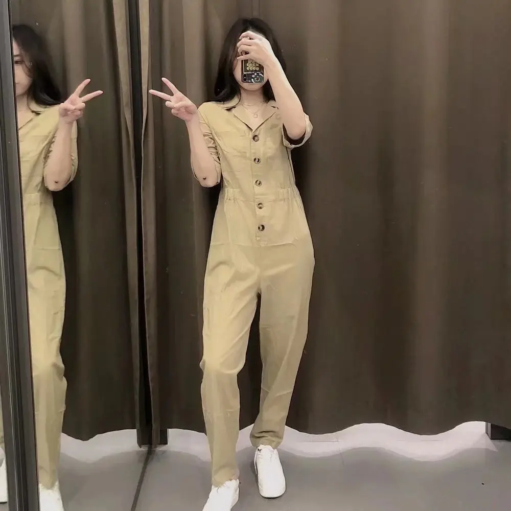 

Women Short Sleeve Khaki Overalls 2022 Summer Turn-down Collar Buttons Long Jumpsuit Slim Cargo Jumpsuits