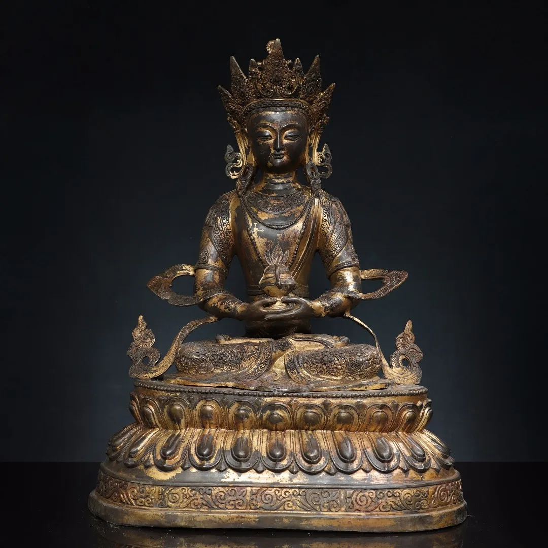 

26"Tibet Temple Collection Old Bronze Cinnabar Mud gold Amitayus Longevity Sitting Buddha Double Lotus Platform Worship Hall