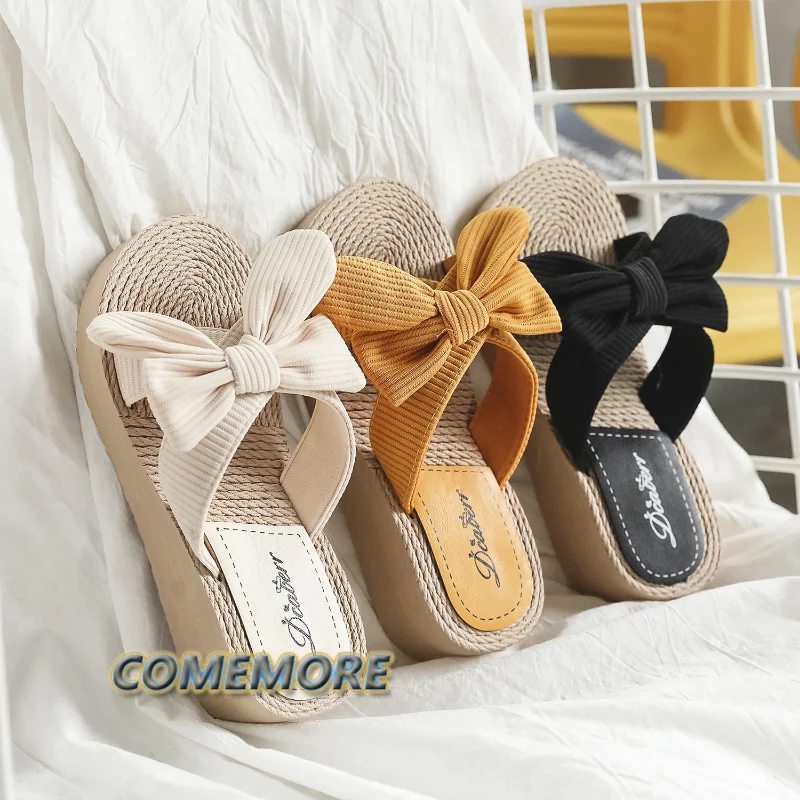 

Летние Новые вязаные женские сандалии с конопляной подошвой и бантом тапочки без шнуровки на высоком каблуке модные пляжные сандалии на танкетке для улицы 2023