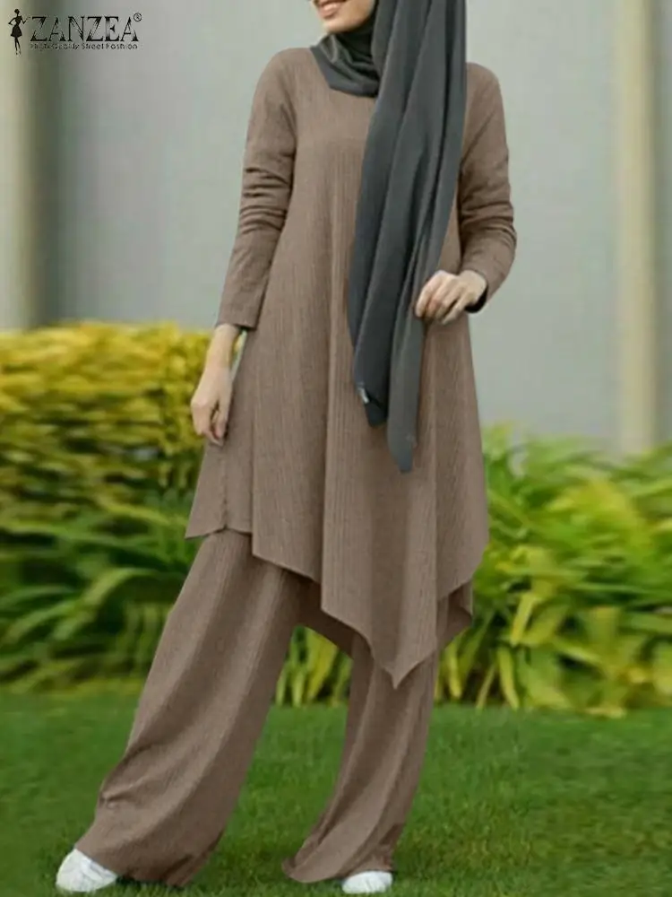 

ZANZEA Muslim Long Sleeve Sleeve Blouses Wide Leg Pants Suit Fashion Women Hijab Abayas Sets Turkey Blouse Islamic Clothing
