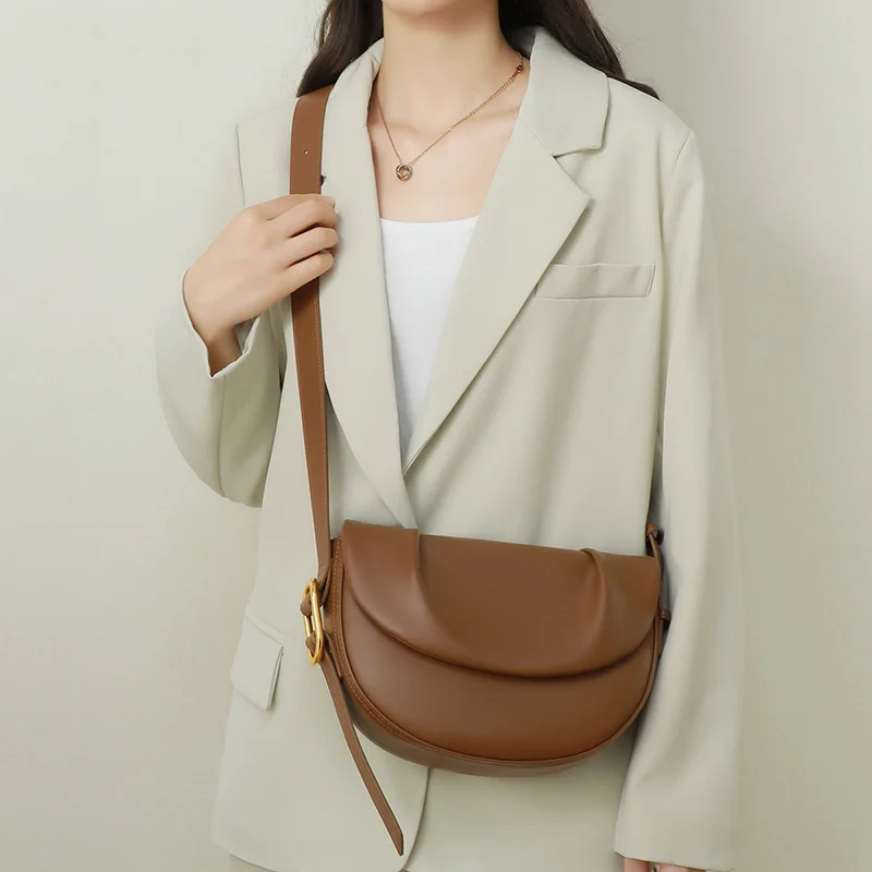 

Women's Bag 2023 Genuine Leather New Fashion Ladies Handbag Niche Shoulder Messenger Bag Cowhide Pleated Underarm Saddle Bags