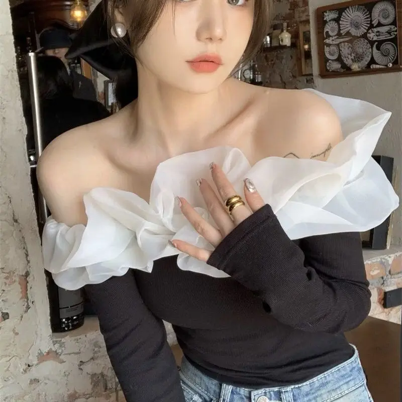 

Black Korean Style Elegant Blouse Women Off Shoulder Chiffon Sexy Casual Blouse Female Designer Long Sleeve Top Summer